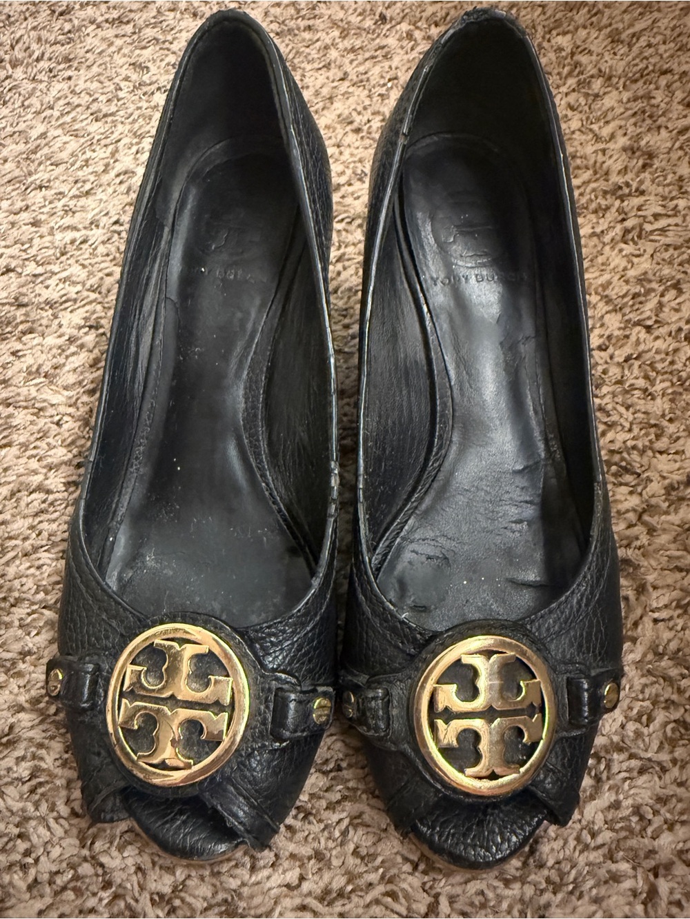 Tory Burch Black Leather Peep-Toe wedge with Gold Logo